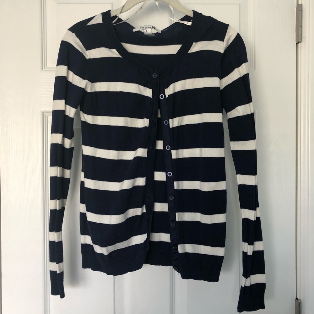 Cardigan white and navy striped.
